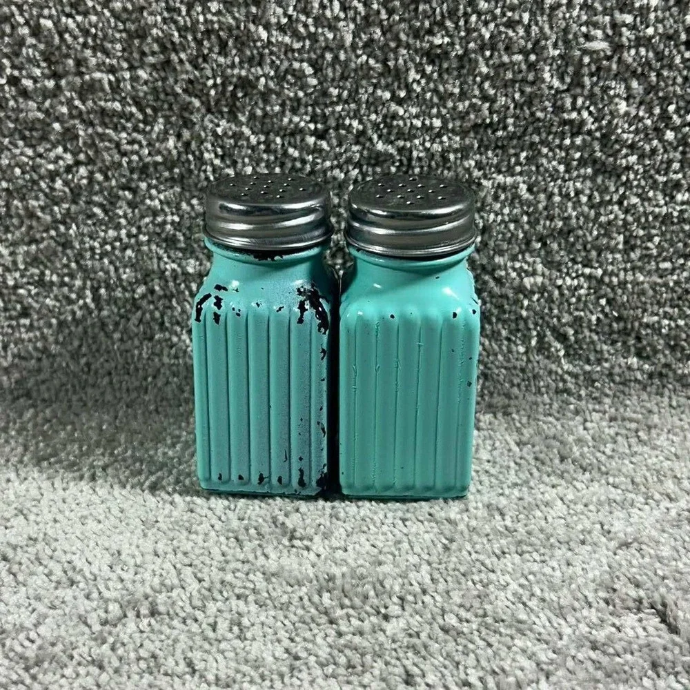 Turquoise Blue Distressed Salt Pepper Shaker Set Farmhouse Kitchen